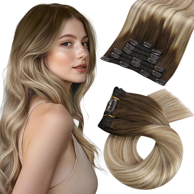 Moresoo Balayage Hair Extensions Clip in Real Human Hair Brown to Light Brown with Golden Blonde Ombre Clip in Extensions Human Hair Double Weft Clip on Hair Extensions 7Pieces 120Grams 18inch
