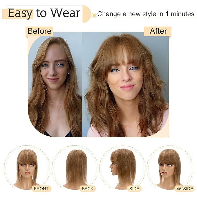 SEGO Hair Toppers for Women Real Human Hair With Bangs, 7 * 13CM Silk Base 100% Remy Human Hair Clip in Top Wiglet Hairpieces Add Volume -18 Inch Light Brown