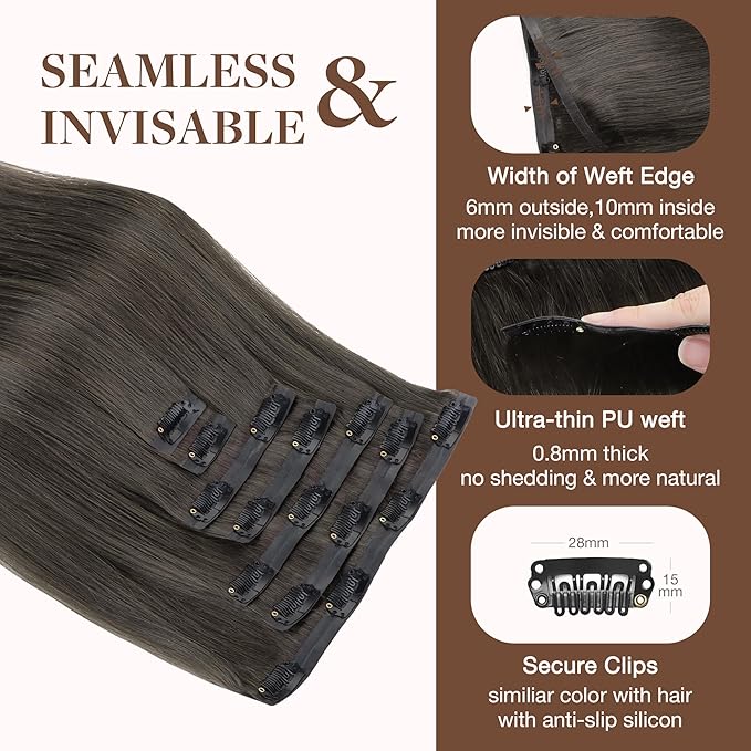 GOO GOO Clip in Hair Extensions Real Human Hair, Remy Human Hair Extensions Clip ins for Women, Natural Human Hair, 22inch 150g 7Pcs, 1C Mocha Brown