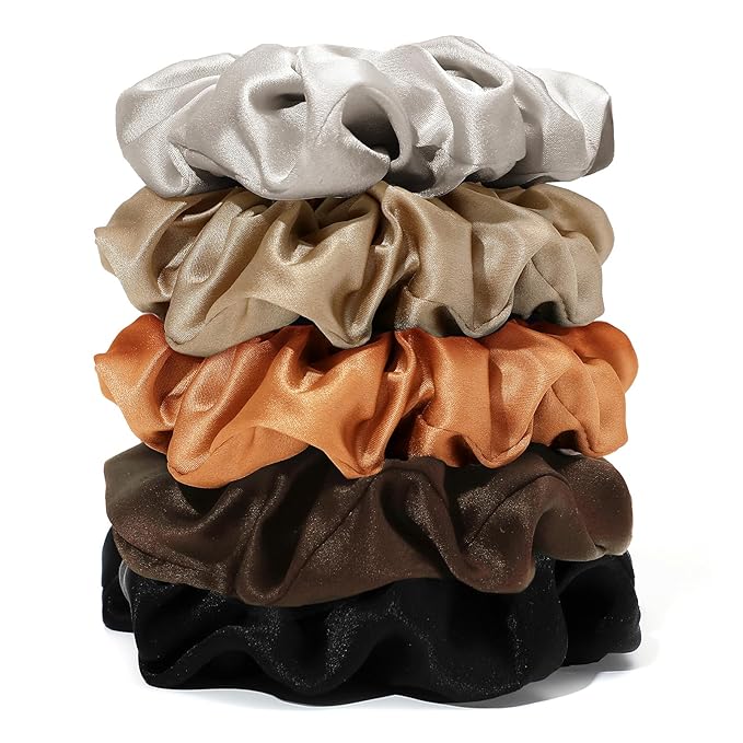 LILYSILK Silk Hair Scrunchies/Ties for Frizz & Breakage Prevention, 100% Mulberry, No Damage, Elastic ponytail Holders, 5PC, Fixed Colors (Black+Light Coffee+Bright Coffee+Caramel+Chocolate)