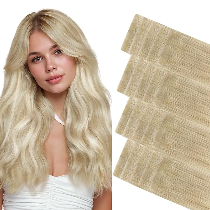 GOO GOO Invisi Edge Tape in Hair Extensions Human Hair, 18ET90A Natural Blonde Balayage 20pcs 14inch 50g, Virgin Remy Hair, Seamless Injected Tape, Natural Look