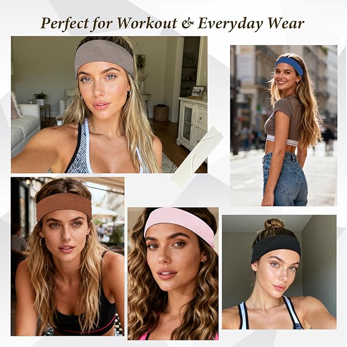 Headbands for Women Non-Slip Elastic Hair Bands, 6 Pack Stretchy Soft Cloth Sweat Band, Fabric Workout Headband, Fashion Head Bands for Yoga Running Sports