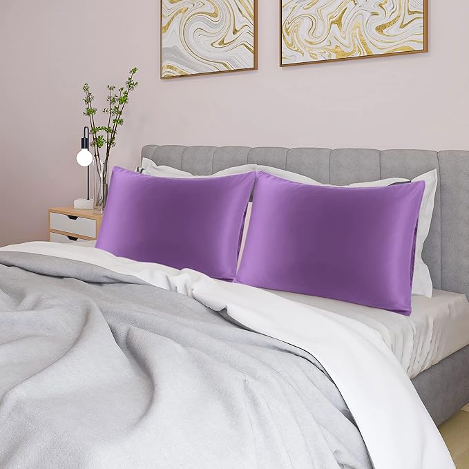 uxcell 2 Pack Silk Satin Pillowcase for Hair and Skin, Cool, Silky, Soft Breathable Pillow Cases Queen Size 20x30 Inch Sateen Pillowcase Purple with Envelope Closure