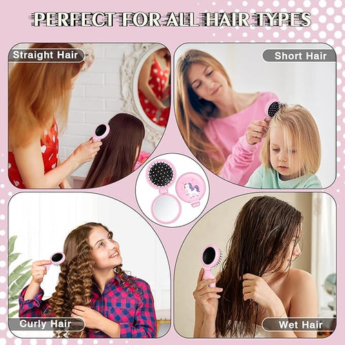12 Pcs Unicorn Mini Detangler Brush, Folding Mirror Hair Brushes, Mini Travel Hair Brush, No Tangle Soft Flexible Bristles for Straight, Curly, Thick Hair for Party Gift