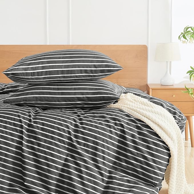 JELLYMONI 100% Natural Cotton Striped Standard Pillowcases Set, 2 Pack White and Black Stripes Pattern Printed Pillow Covers with Envelope Closure(Pillows are not Included)