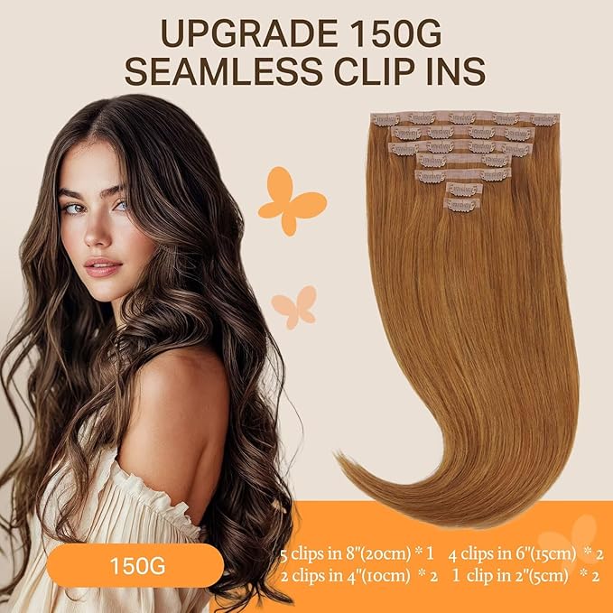 DOORES Seamless Clip in Hair Extensions - Medium Auburn, 22 Inch, 150g, 7pcs - Invisi Edge, Human Hair, Natural, Straight, Long