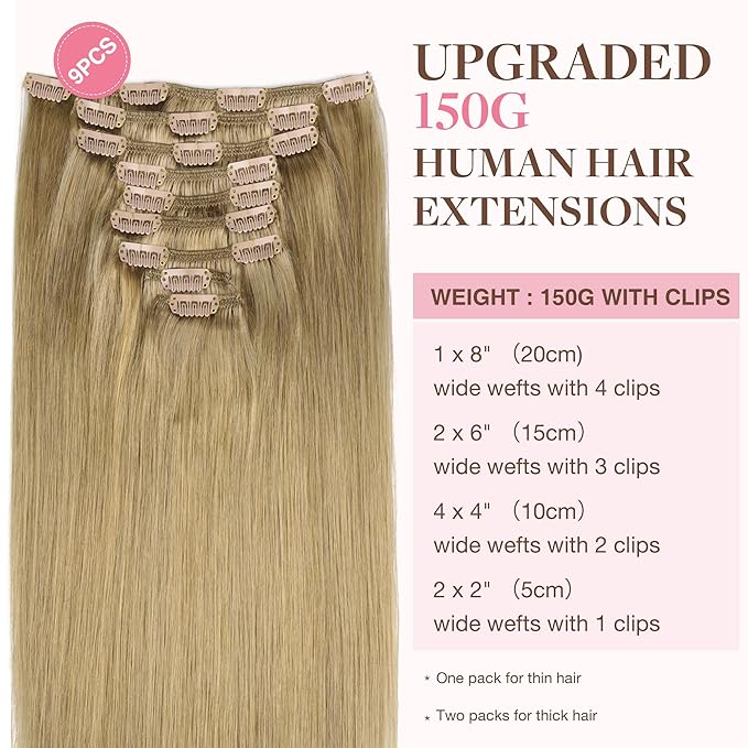 GOO GOO Clip in Hair Extensions Real Human Hair, Remy Human Hair Extensions Clip ins for Women, Natural Human Hair, 22inch 150g 9Pcs, 7 Bronde