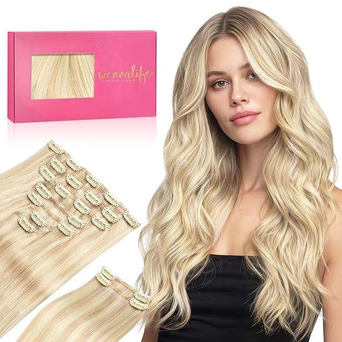 WENNALIFE Clip in Hair Extensions Real Human Hair, 20 Inch 150g 9pcs Balayage Light Wheat Platinum Blonde Remy Hair Thicker Double Weft Extensiones De Cabello Humano Con Clip Ins Straight Full Volume