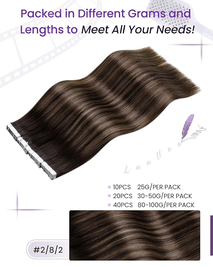 LaaVoo Tape in Hair Extensions Ombre Brown to Light Brown Tape ins Human Hair Extensions Ombre Tape in Extensions Real Human Hair Seamless Skin Weft 14 Inch 20pcs 50g