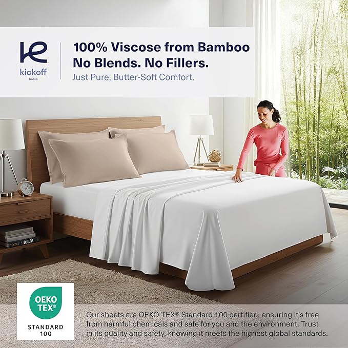 Kickoff Viscose Bamboo Pillowcase, Queen, Set of 2, 100% Organic Hidden Zippered Viscose Bamboo Pillow Case Queen Size, Cooling Pillow Cover for Hot Sleepers (20"x30", Iced Latte)