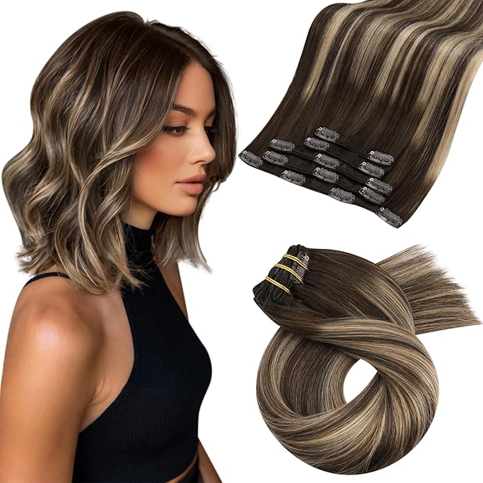 Moresoo 12 inch Real Human Hair Clip in Extensions Dark Brown to Caramel Blonde Balayage Clip in Hair Extensions Brown to Blonde Short Remy 80g/5pcs 12in