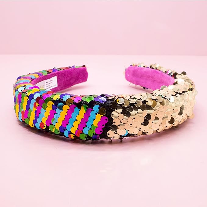 FROG SAC Flip Sequin Headband for Girls, Wide Headbands for Kids, Sparkly Sequined Toddler Hair Bands, Sparkle Head Band Hair Accessories, Easter Basket Fillers Stocking Stuffers (Rainbow/Gold)