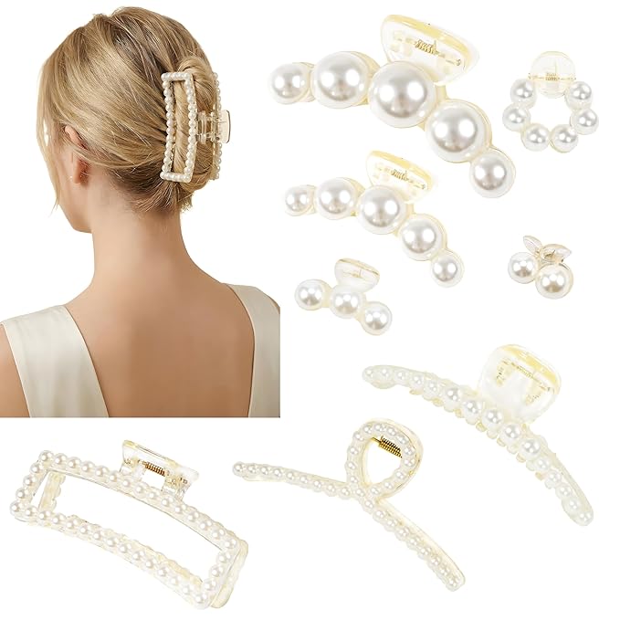Pearl Hair Accessories for Women - 8Pack Claw Clips for Thick and Thin Hair, Barrettes for Styling and Weddings