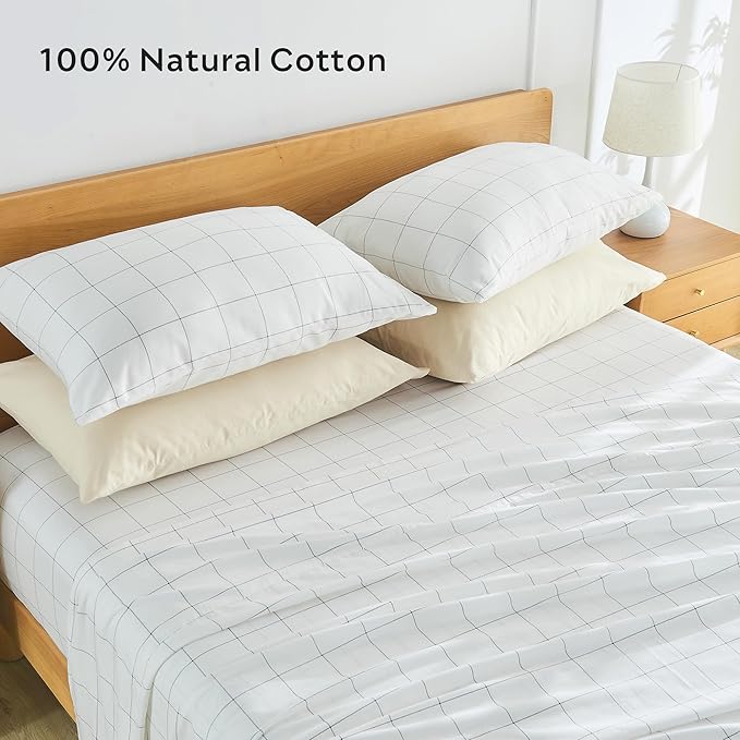 JELLYMONI 100% Natural Cotton Plaid Standard Pillowcases Set, 2 Pack White with Black Grid Geometric Pattern Printed Pillow Covers with Envelope Closure(Pillows are not Included)
