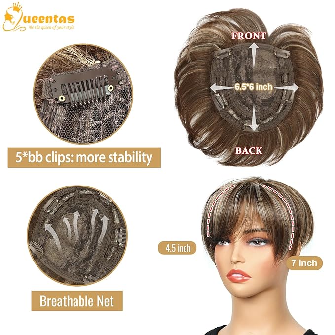 QUEENTAS Short Hair Toppers for Women with Thinning Hair Large Full Coverage with 5 Clips Hair Pieces Wispy Bangs(Brown Highlight Blonde)