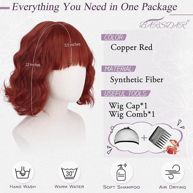 BARSDAR Copper Red Short Wavy Wig with Bangs - Short Copper Red Bob Wigs for Women - Curly Wavy Textured French Bob Wig with Bangs Soft Synthetic Natural Looking Face-Framing Daily