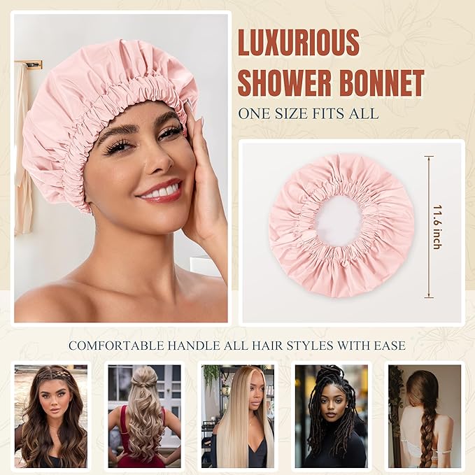 Reusable Shower Cap for Women, Stylish Large Waterproof Shower Bonnet Washable Wide Elastic Band Hair Cap for Long Hair, Braids Bath Hat(Pink)