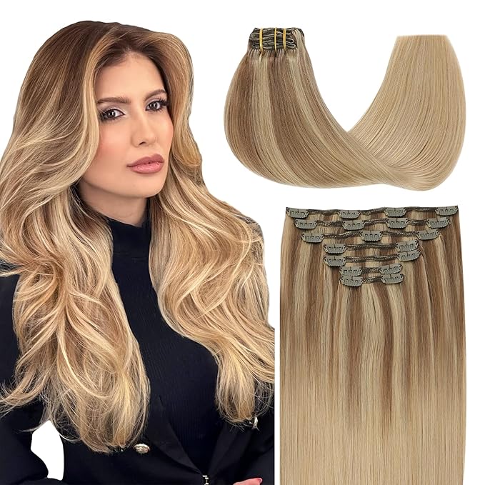 SURNEL Clip in Hair Extensions Real Human Hair Balayage Golden Brown to Caramel Blond Remy Hair Extensions Clip Ins 14 Inch 140g(7pcs #10/27/27-14")