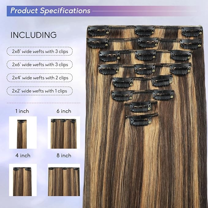 Clip in Hair Extensions Real Human Hair, 18 Inch 100g, 2/6 Dark Brown to Chestnut Brown, Invisible Seamless Remy Human Hair Clip in Extensions for Women 8pcs Per Set with Double Weft