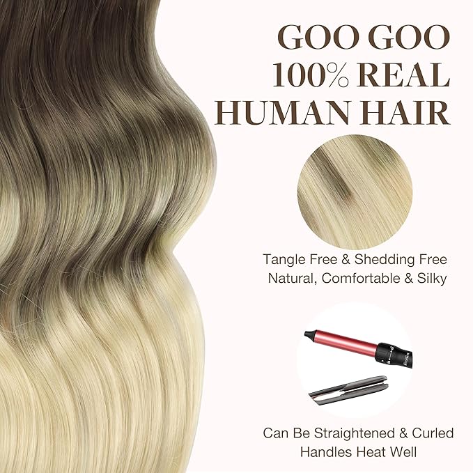 GOO GOO Tape in Hair Extensions Human Hair, 9/60 Balayage Ash Brown to Platinum Blonde, 16inch 50g 20pcs, Skin Weft Seamless Invisible, Silky Straight with Thick Ends, Remy Human Hair