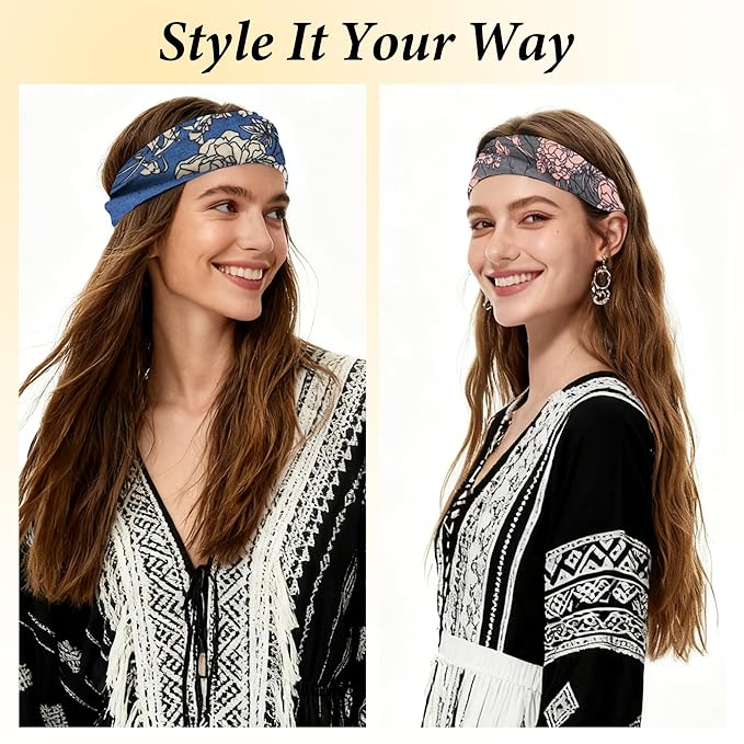 Boho Headbands for Women 6 Pack Non-Slip Fashion Elastic Hair Bands, Boho Head Bands Stretchy Soft Cloth Sweat Band, Workout Athletic Headbands for Yoga Running Gym Sports