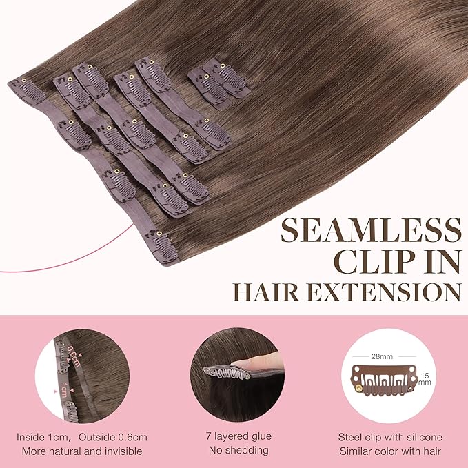 GOO GOO Clip in Hair Extensions Real Human Hair, Remy Human Hair Extensions Clip ins for Women, Natural Human Hair, 24inch 120g 7Pcs, 5 Light Ash Brown