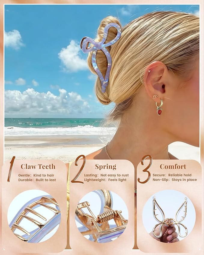 Mesovor 2 Pack Gold Metal Bow Hair Claw Clips, Nonslip 4.3" Large Hair Grip Hairclips for Thin and Thick | Acrylic Metal Strong Hold Claw Clip (Mermaid Colorful)