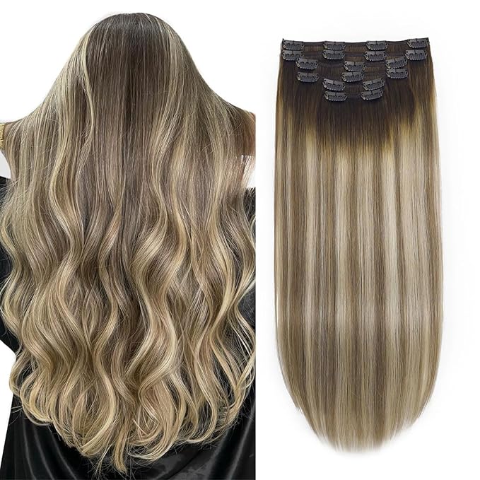 XDhair Human Hair Clip in Hair Extensions 22 Inch 6pcs 120g Balayage Color 3 Darker Brown to 8 Ash Brown and 22 Golden Blonde Double Weft Clip in Hair Extensions(22”, 3/8/22)