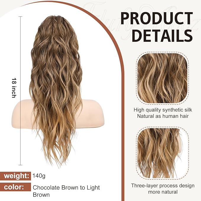 FLUFYMOOZ Ponytail Extension, 18 Inch Claw Clip Ponytail Extension, Wavy Curly Claw Clip in Ponytail Hair Extensions, Natural Ponytail Synthetic Hairpiece for Women (Chocolate Brown to Light Brown)