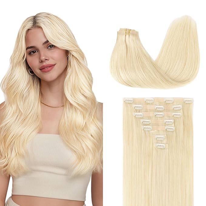 GOO GOO Clip in Hair Extensions Real Human Hair, Remy Human Hair Extensions Clip ins for Women, Natural Human Hair, 20inch 110g 7Pcs, 613R Bleach Blonde