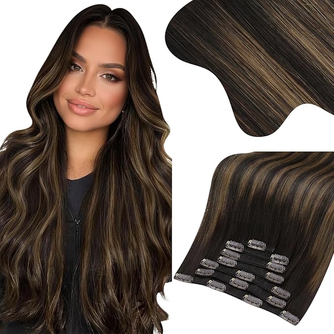 Moresoo Clip in Hair Extensions Balayage Real Hair Extensions Clip in Human Hair Dark Brown Mixed with Chestnut Brown Ombre Clip on Hair Extensions Human Hair 7pcs 150g 22 Inch