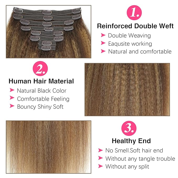 Kinky Straight Clip in Hair Extensions Real Human Highlight Clip ins For Women Unprocessed Clip on Hair Extensions(22inch,#4/27/4)