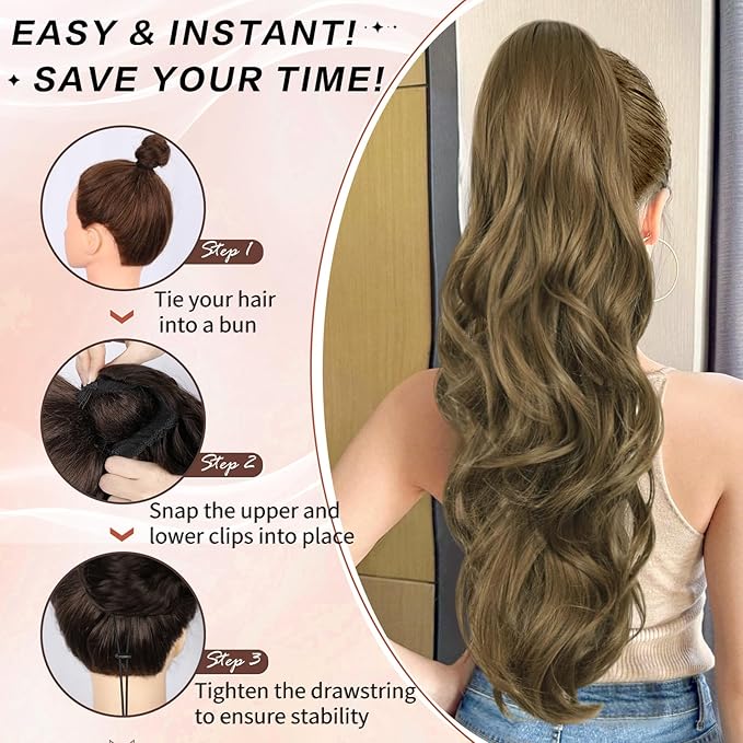 Ponytail Extension, Drawstring Ponytail Extension for Women 26 Inch Long Wavy Brown Pony Tails Hair Extensions Synthetic Clip in Ponytail Hairpiece for Women(12/8)