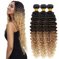 4/27 Deep Wave Bundles Human Hair Honey Blonde Bundle 12 14 16 Inch Brazilian Virgin Remy Hair Extensions Double Weft 3 Tone Brown and Blonde Deep Wave Bundles Hair Weave 300g