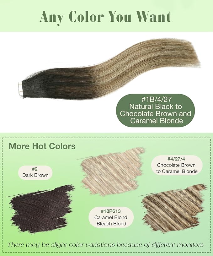 SURNEL Tape in Hair Extensions Human Hair 14 inch Natural Black to Chocolate Brown and Caramel Blonde Tape in Hair Extensions(#1B/4/27-14)