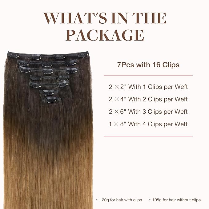 GOO GOO Clip in Hair Extensions Real Human Hair, Remy Human Hair Extensions Clip ins for Women, Natural Human Hair, 20inch 120g 7Pcs, 1D/2C/4E Chocolate Dip Color Melt