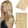 DOORES Clip in Hair Extensions Real Human Hair 18 inch 110g 7pcs Invisible Human Hair Extensions Clip ins, Injected Seamless PU Clipins Invisi Edge, P18D/22F Drity Blonde Highlight Golden Blonde