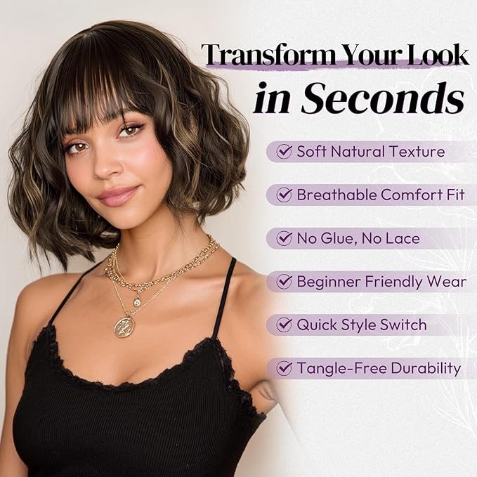 BARSDAR Short Wavy Wig with Bangs - Short Wavy Brown Blonde Highlights Wig for Women - Fluffy Soft Synthetic Curly Textured French Bob Wigs with Bangs Natural Looking Face-Framing Daily