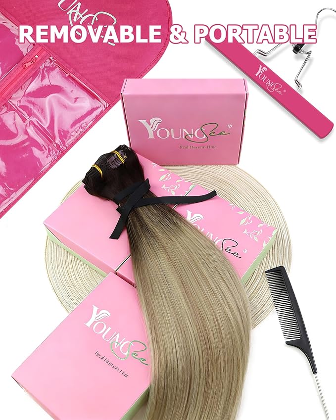 YoungSee Hair Extensions Clip ins Brown Ombre Clip in Hair Extensions Real Human Hair Medium Brown Ombre Golden Blonde Mix Platinum Blonde Clip in Extensions Straight Hair for Women 16Inch 120G