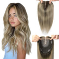 Hair Toppers for Women Real Human Hair 6x7inch Large Base 14inch 55g Toppers Pieces for Women with Thinning Dark Brown To Chestnut Brown Highlight Ash Blonde (#2/6/18Toppers-14inch)