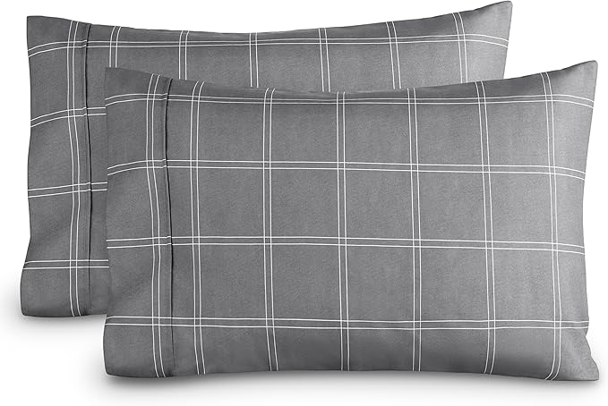 Bare Home Microfiber Pillow Cases - Standard/Queen Size Set of 2 - Cooling Pillowcases - Double Brushed - Pillowcases 2 Pack - Easy Care (Standard, Modern Plaid - Grey/White)