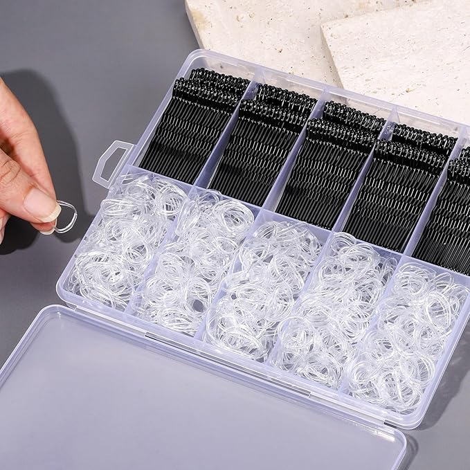 YGDZ 750PCS Bobby Pins Black Kit, 250 Hair Pins for Women, 2 Inch Wave Bobby Pins for Black Hair, 500 Clear Elastic Hair Ties, Bulk Hair Pin for Buns, Hair Accessories for Women, Kids, Girls