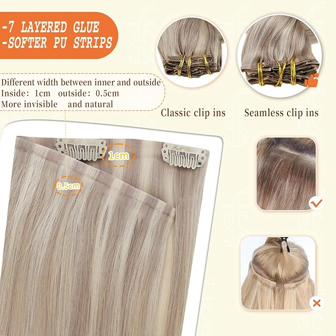 Full Shine Clip in Hair Extensions 22 inch 160g 8Pcs Seamless Human Hair Clip in Extensions Ash Blonde Mix Bleach Blonde Remy Hair Clip ins PU Skin Weft