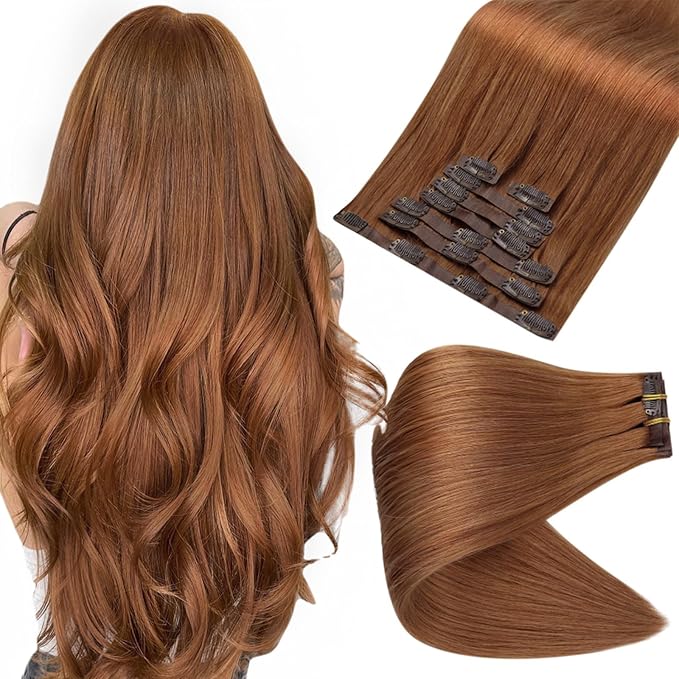 Full Shine Clip in Hair Extensions Copper Brown Human Hair 18 Inch Clip in Real Hair PU Weft Copper Red Human Hair Clip ins Extensions Auburn Brown Natural Ends 120 Grams 8 PCS