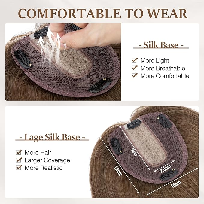 Rich Choices Hair Toppers for Women Real Human Hair 100% Human Remy Toppers NO Bangs for Women with Thinning on Top Clip in Hairpiece 4"x4.7"Lace Base 12 Inch #4R Natural Brown