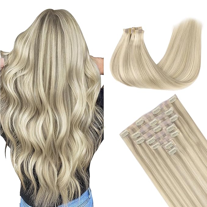 GOO GOO Clip in Hair Extensions Real Human Hair, Remy Human Hair Extensions Clip ins for Women, Natural Human Hair, 18inch 130g 7Pcs, 17A/60A Ash Blonde Highlighted Platinum Blonde