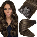 Full Shine Balayage Clip in Hair Extensions Dark Brown to Light Brown with Caramel Blonde Remy Human Hair with PU Weft Thick Ends 16 Inch 8 PCS 120 Grams