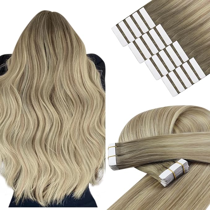 YoungSee Tape in Extensions Human Hair Ombre Blonde Tape in Hair Extensions Ash Blonde Ombre Platinum Blonde Tapes ins Human Hair Extension 14In 20pcs 50g Tapein Hair Extension Real Human Hair
