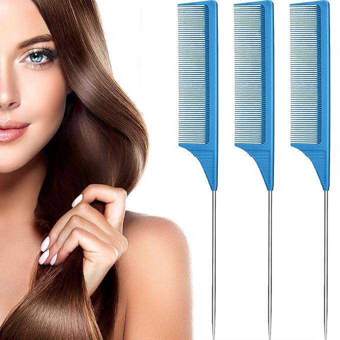 Leinuosen 3 Packs Rat Tail Comb Steel Pin Rat Tail Carbon Fiber Heat Resistant Teasing Combs with Stainless Steel Pintail ()