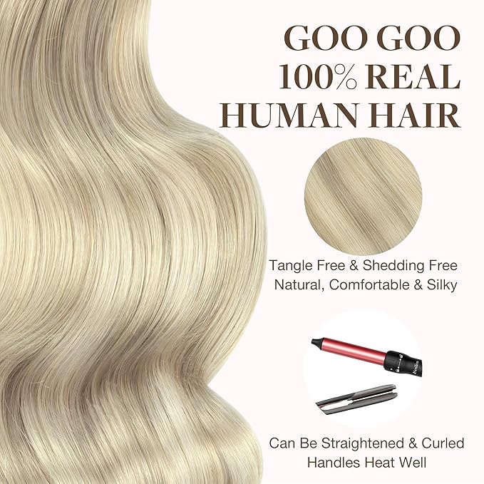 GOO GOO Tape in Hair Extensions Human Hair, 17A/60A Ash Blonde Highlighted Platinum Blonde, 14inch 50g 20pcs, Skin Weft Seamless Invisible, Silky Straight with Thick Ends, Remy Human Hair